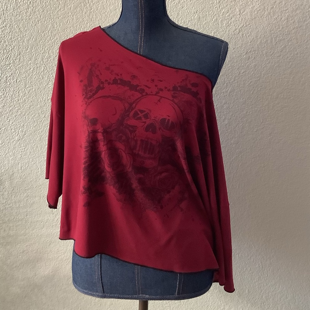 Romwe Red Burgundy One Shoulder Short Sleeve Blouse Skull Graphic Women's 3XL